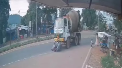 Kakinada accident, biker survives, cement truck, Andhra Pradesh, viral CCTV video