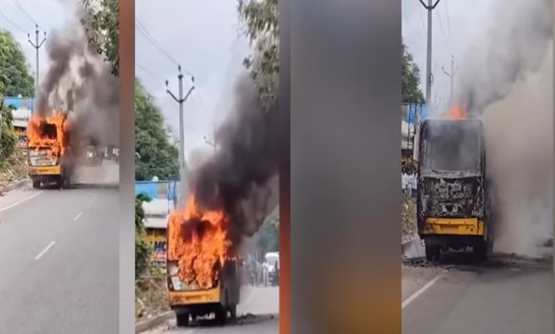 A school bus in the Rangareddy district of Telangana caught fire on Wednesday evening