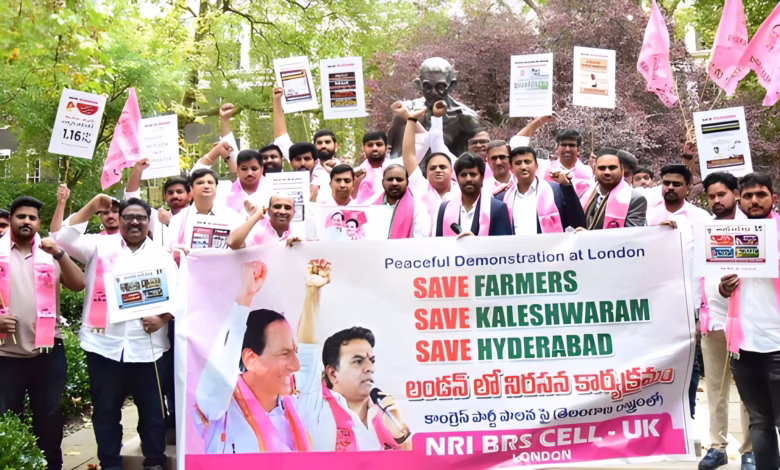 Telangana NRIs, led by the BRS NRI wing in the UK, staged a peaceful protest in London