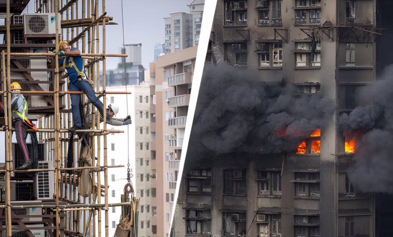 Hong Kong Fire, Bamboo Scaffolding, Chinese Construction Nets, High-rise Blaze