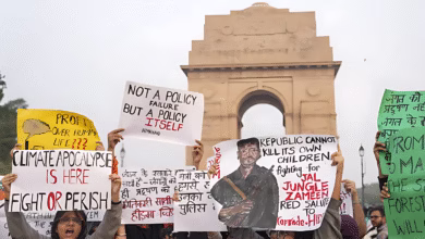 Delhi air pollution protest, Madvi Hidma posters, India Gate protest