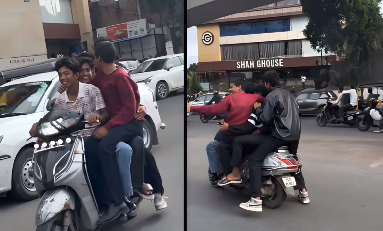 Five people on a scooter, Lakdi Ka Pul, Hyderabad traffic